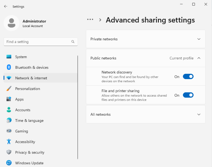 Windows Server Advanced sharing settings