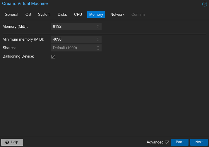 Proxmox Create VM Memory section for Windows Server