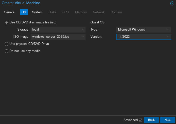 Proxmox Create VM OS section for Windows Server